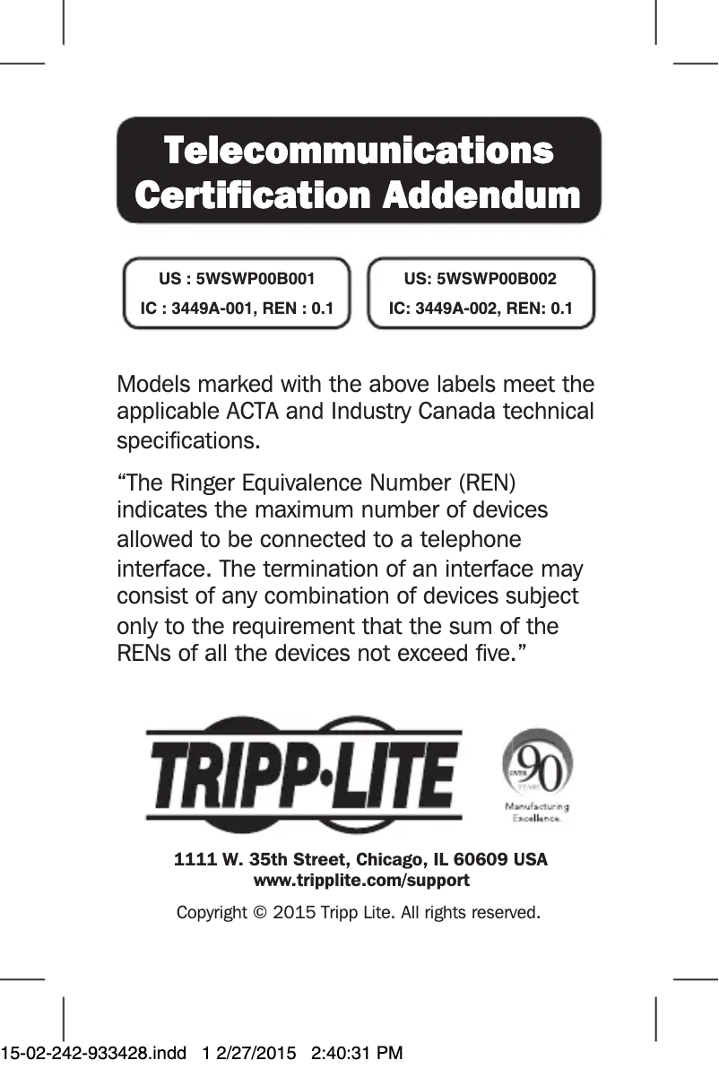 Page 1 de la notice Manuel utilisateur Tripp Lite SK5TEL-0