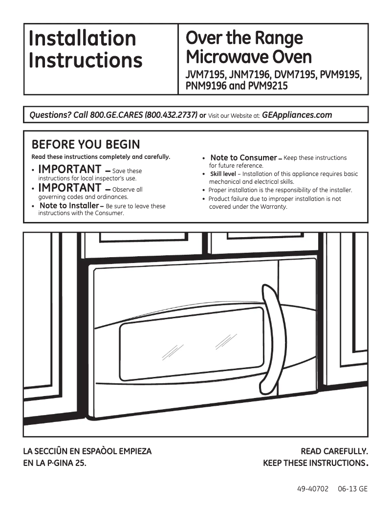 Page n°1 - Guide d'installation GE JNM7196DFWW