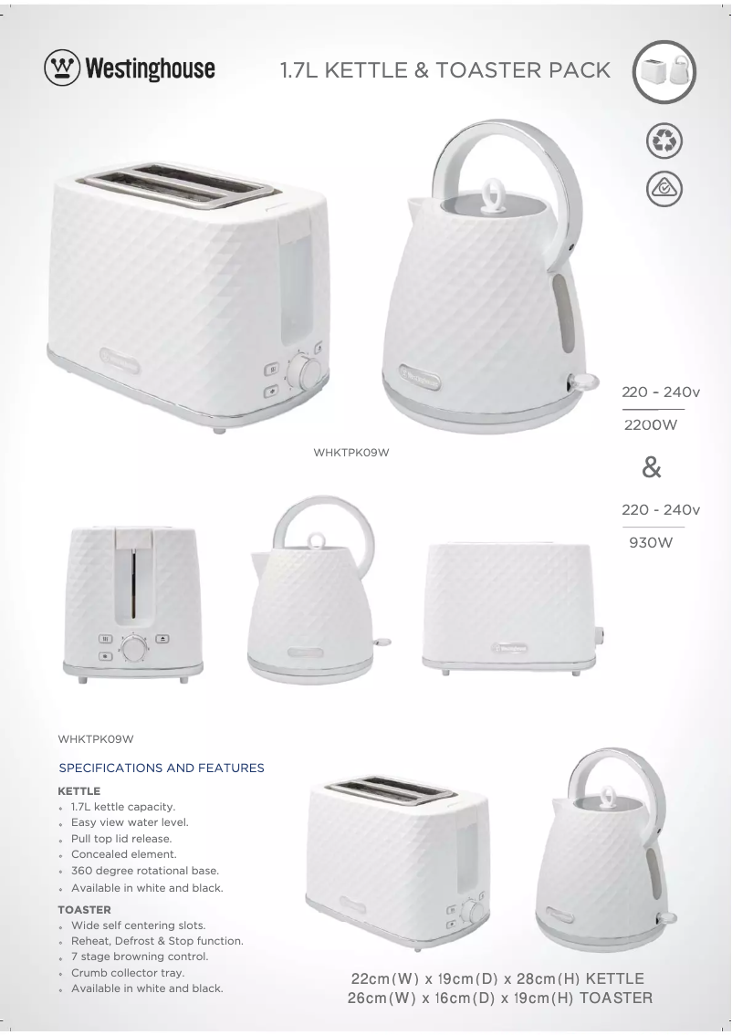 Página 1 del manual Ficha técnica Westinghouse WHKTPK09W