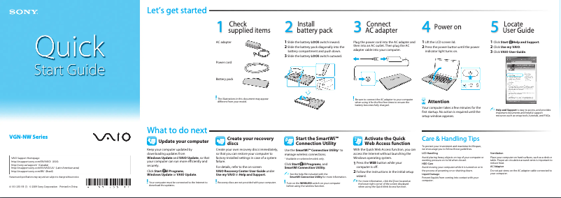 Page 1 de la notice Guide d'installation Sony Vaio VGN-NW320F