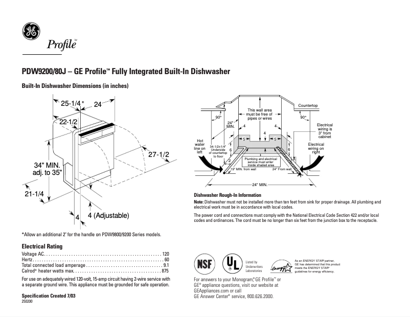 Página 1 del manual Ficha técnica GE Profile PDW9200JWW