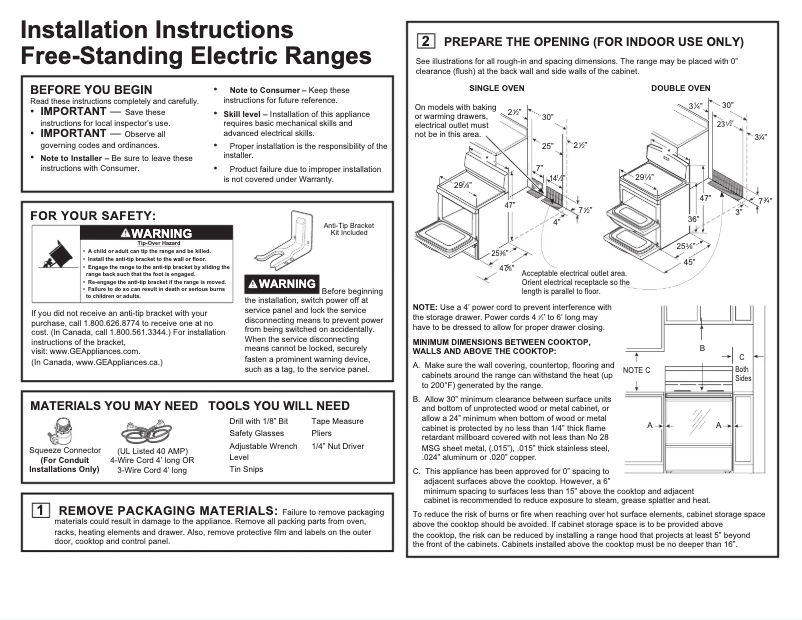 Page 1 of the manual Installation Guide GE Profile PB960SJSS