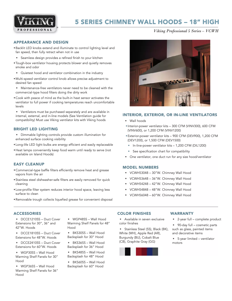 Page 1 de la notice Fiche technique Viking VCWH54848SS