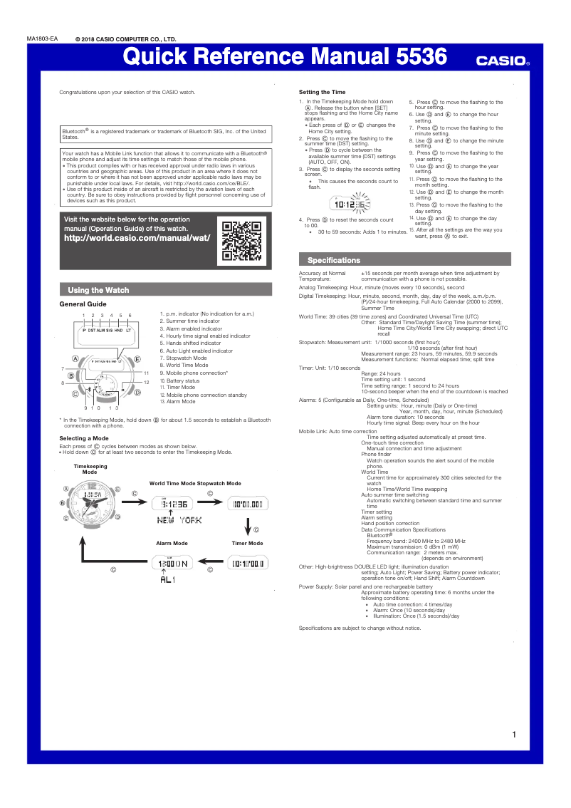 Page 1 de la notice Guide de démarrage rapide Casio 5536