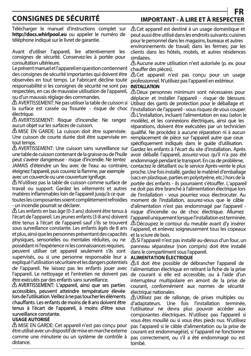 Page 1 de la notice Manuel utilisateur Whirlpool AKT 8360 LX