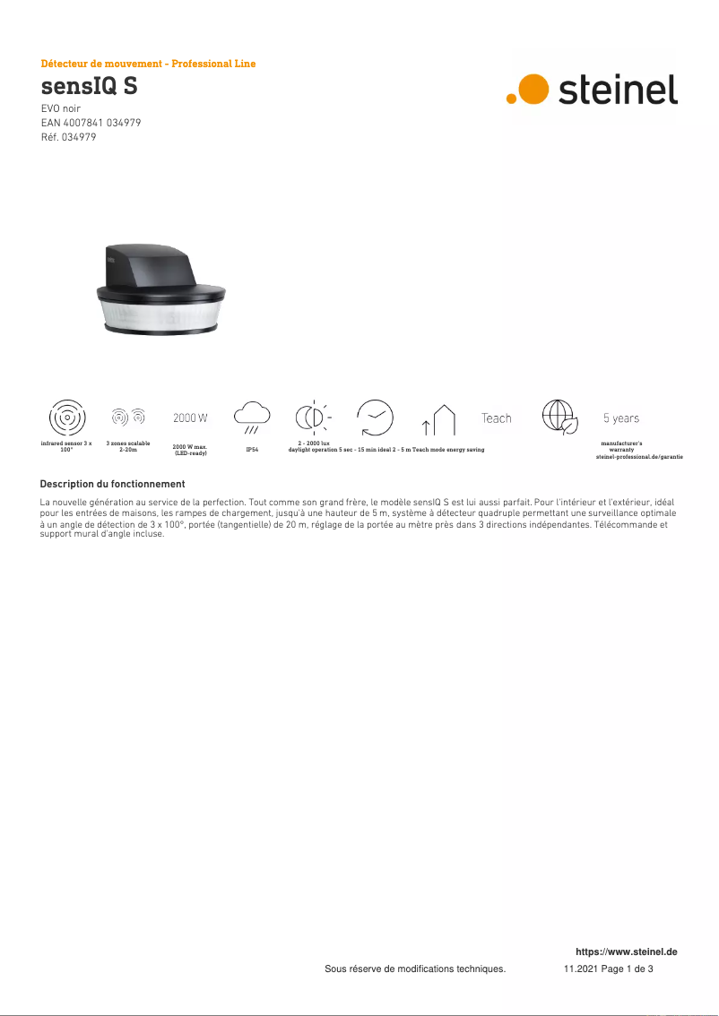 Page 1 de la notice Fiche technique Steinel sensIQ S