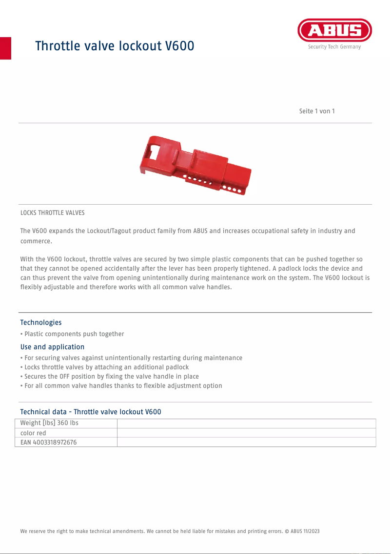 Page 1 de la notice Fiche technique Abus V600