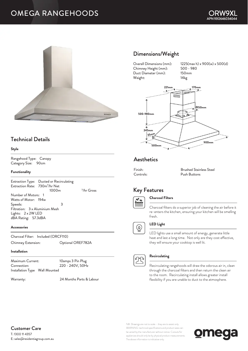 Page 1 de la notice Fiche technique Omega ORW9XL