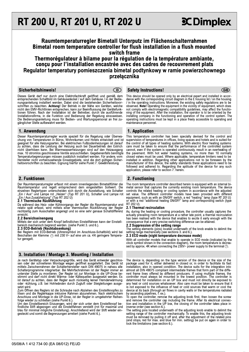 Page 1 de la notice Manuel utilisateur Dimplex RT 201