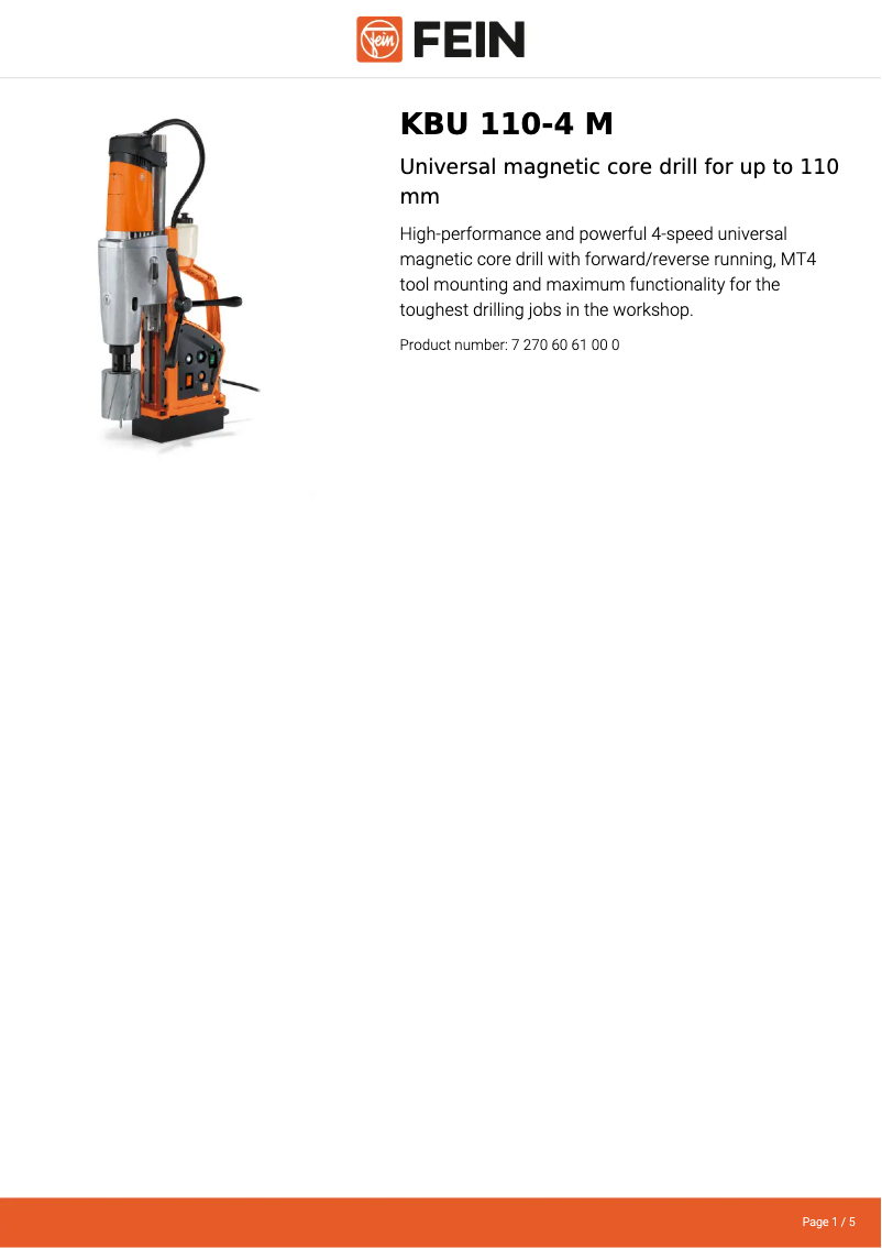Page 1 de la notice Fiche technique Fein KBU 110-4 M