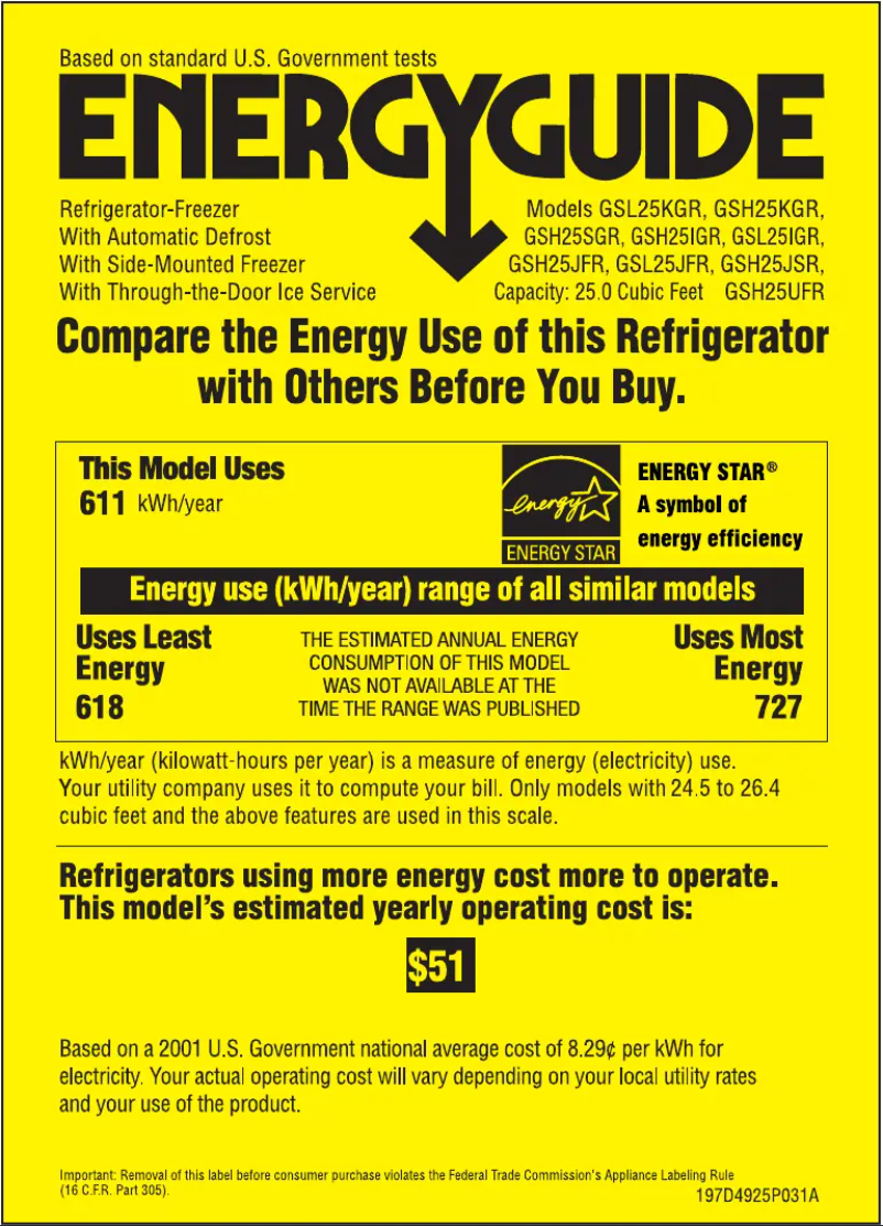 Page n°1 - Label énergétique GE GSH25JSRSS