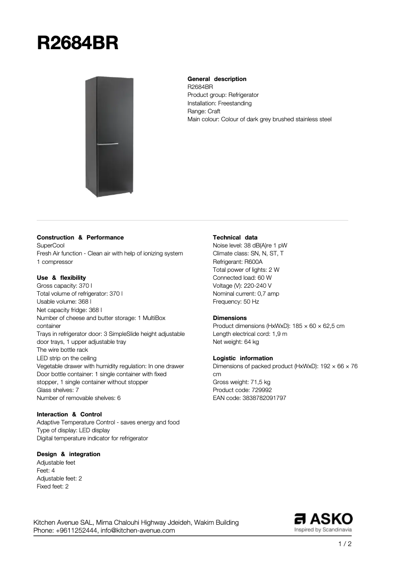 Page 1 of the manual Technical Sheet Asko R2684BR