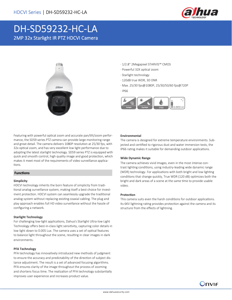 Page 1 de la notice Fiche technique Dahua Technology SD59232-HC-LA