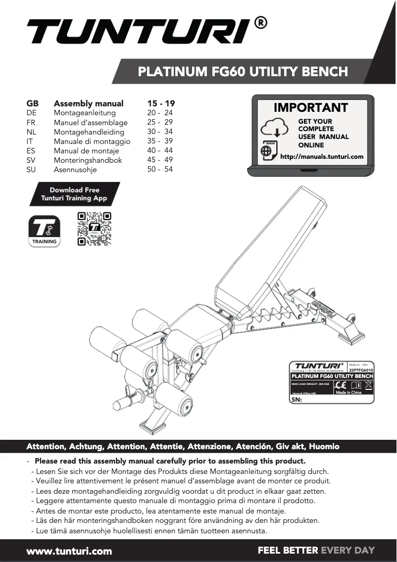 Page 1 de la notice Manuel utilisateur Tunturi Platinum FG60