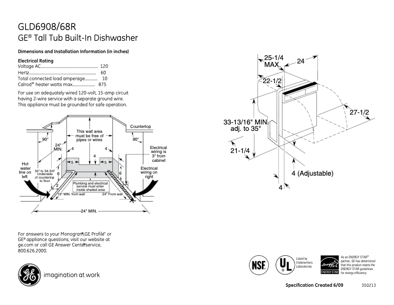 Page 1 of the manual Technical Sheet GE GLD6908RWW