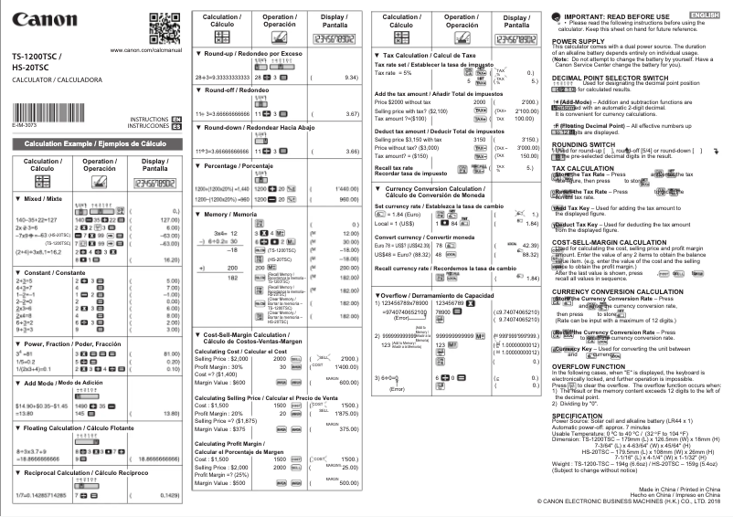 Page 1 de la notice Manuel utilisateur Canon TS-1200TSC