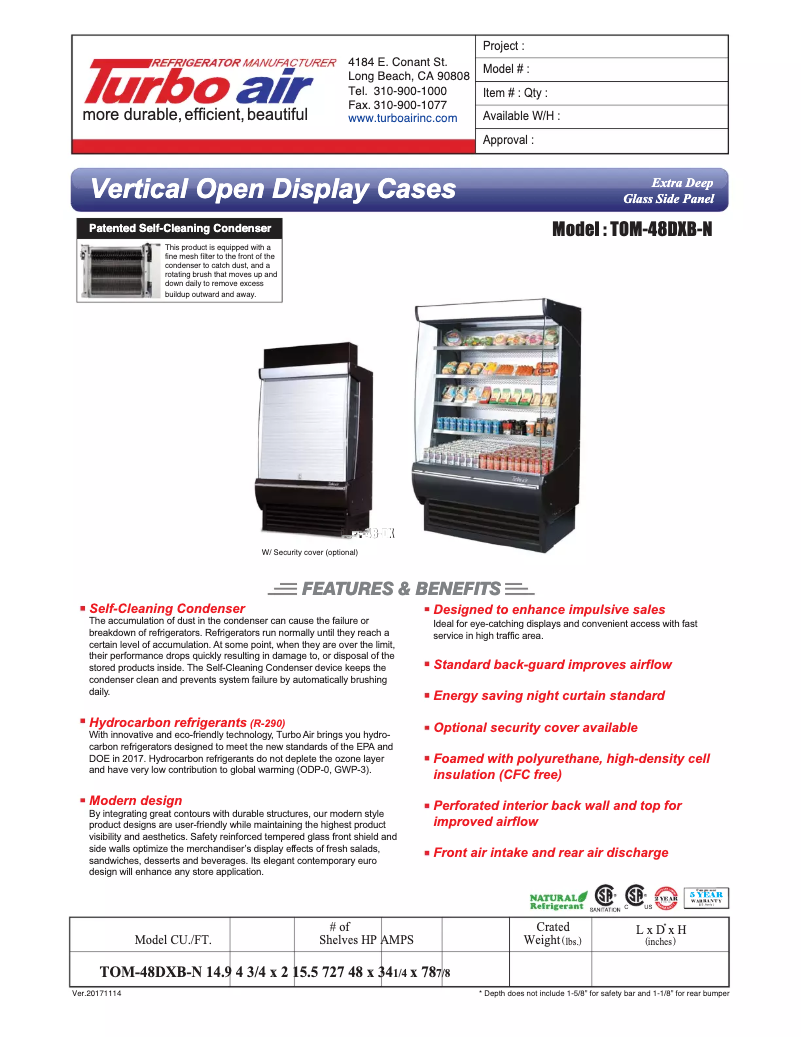 Página 1 del manual Ficha técnica Turbo air TOM-48-DX