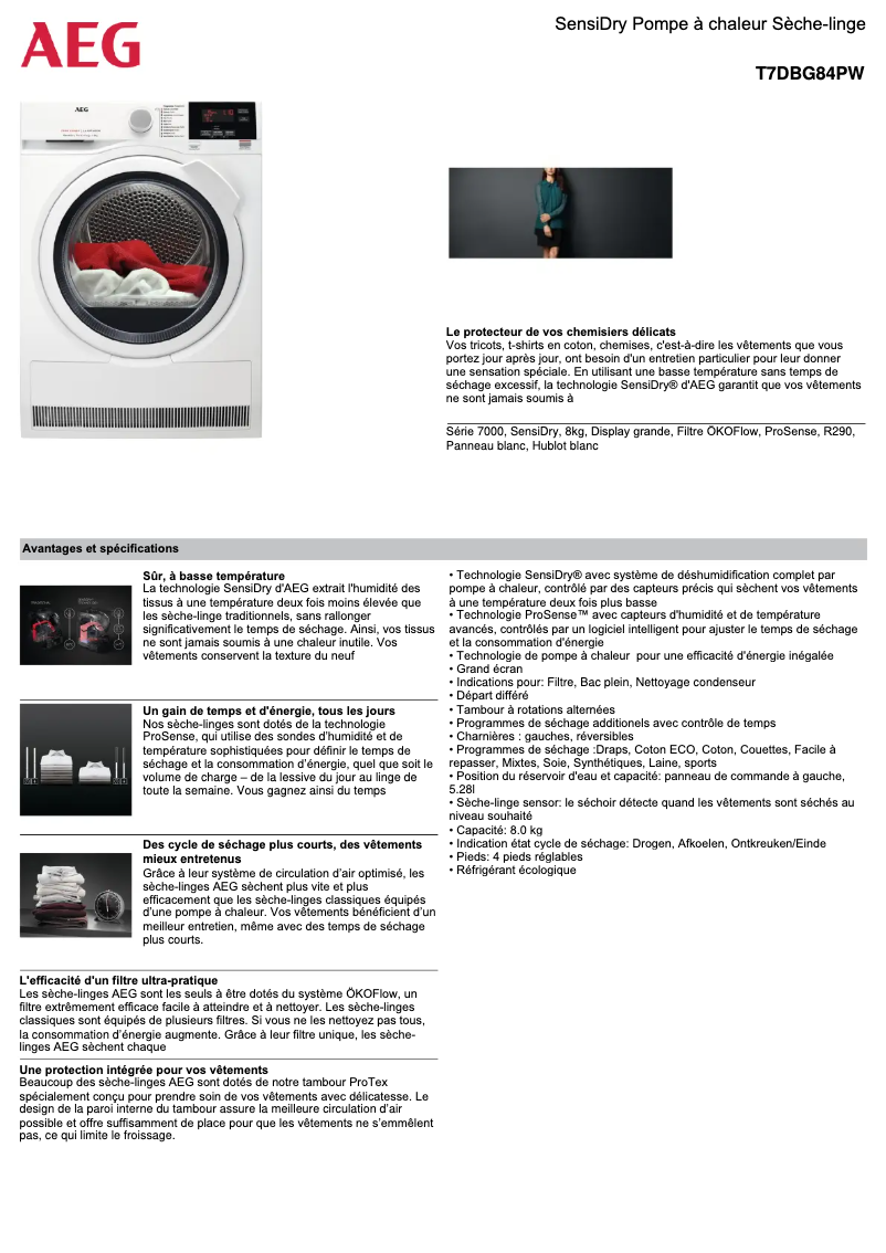 Page 1 de la notice Fiche technique AEG T7DBG84PW