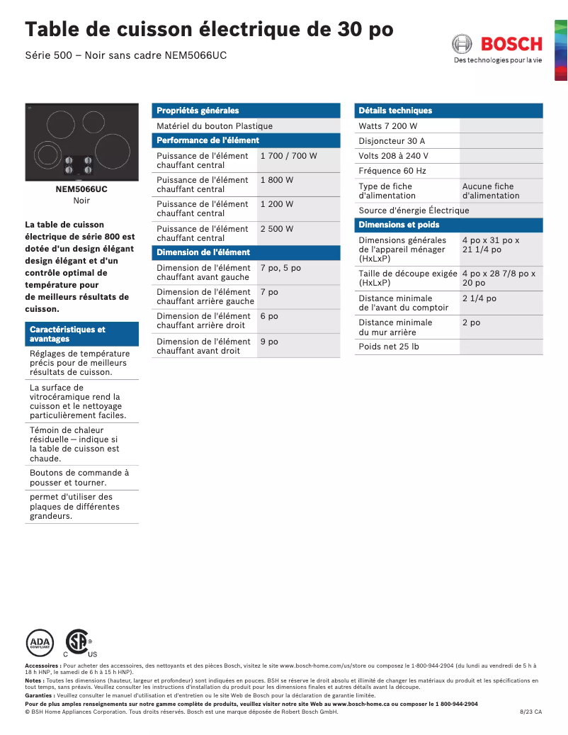 Page 1 of the manual Technical Sheet Bosch NEM5066UC