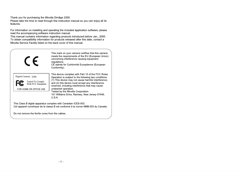 Page 1 de la notice Manuel utilisateur Konica Minolta Minolta Dimage 2300