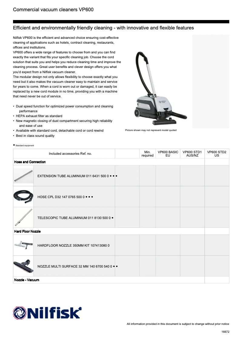 Página 1 del manual Ficha técnica Nilfisk VP600