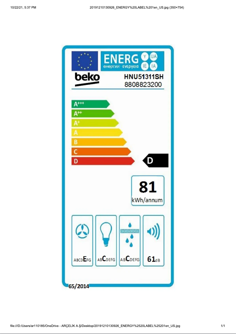 Page 1 de la notice Label énergétique Beko HNU51311SH