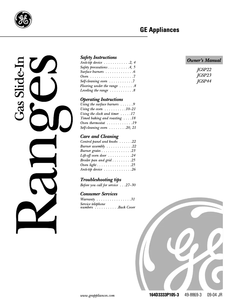 Page 1 de la notice Manuel d'utilisation et d'entretien GE JGSP23BEYBB