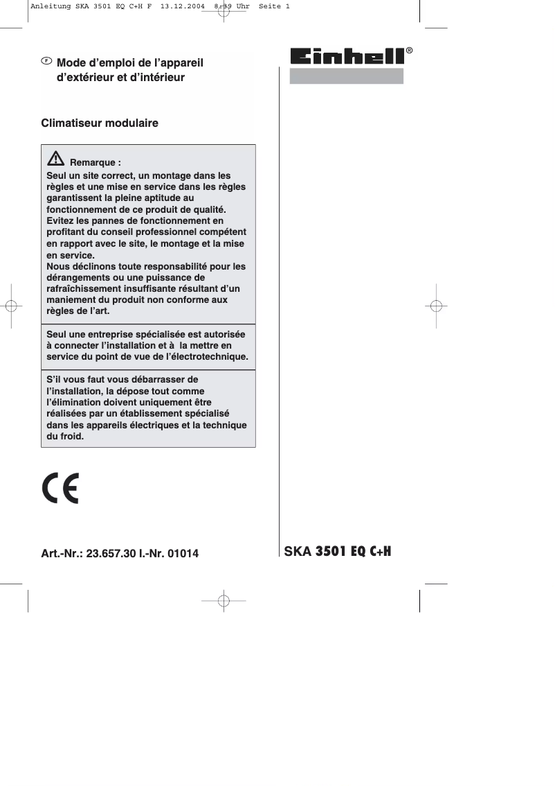 Page 1 de la notice Manuel utilisateur Einhell SKA 3501 EQ C+H