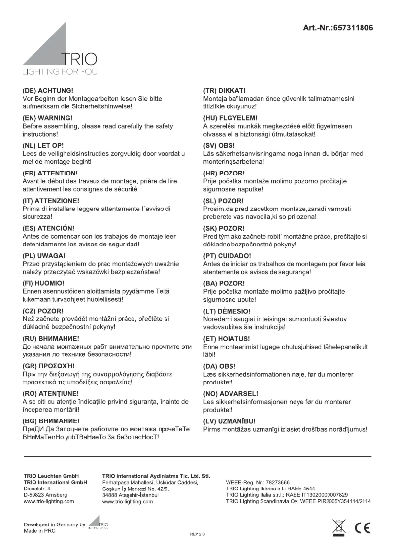 Page 1 de la notice Manuel utilisateur Trio Lighting Dorian 657311806