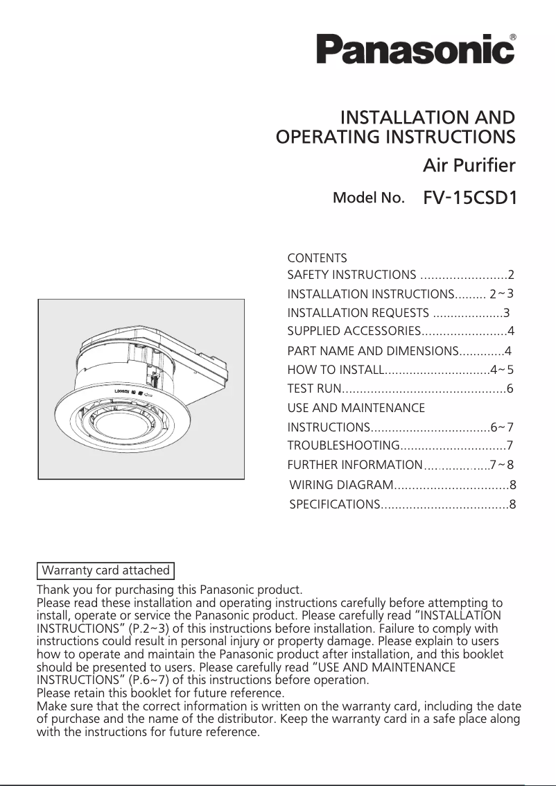 Página 1 del manual Manual de usuario Panasonic nanoe X FV-15CSD1