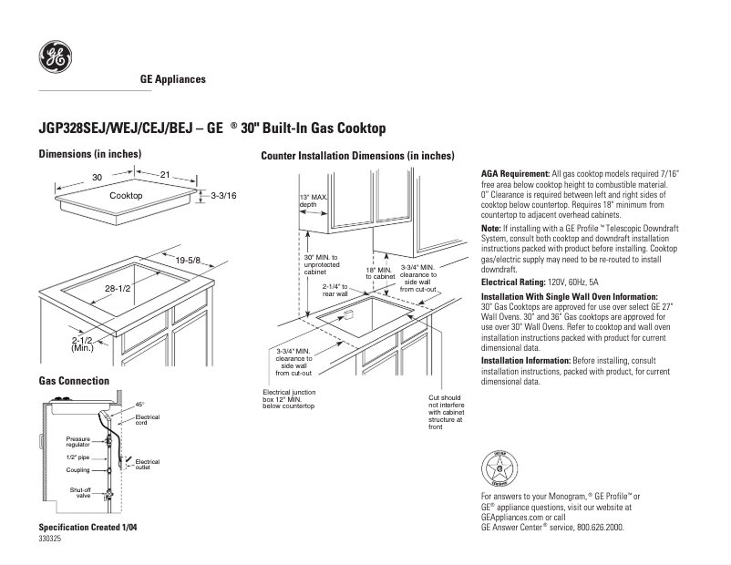 Page 1 of the manual Technical Sheet GE JGP328BEJBB