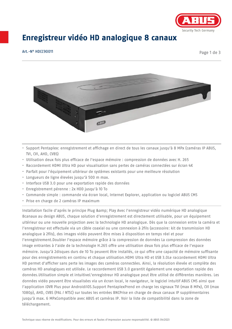 Page 1 de la notice Fiche technique Abus HDCC90011