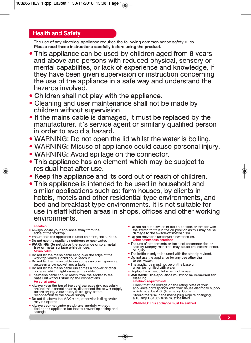 Page 1 de la notice Manuel utilisateur Morphy Richards 108267