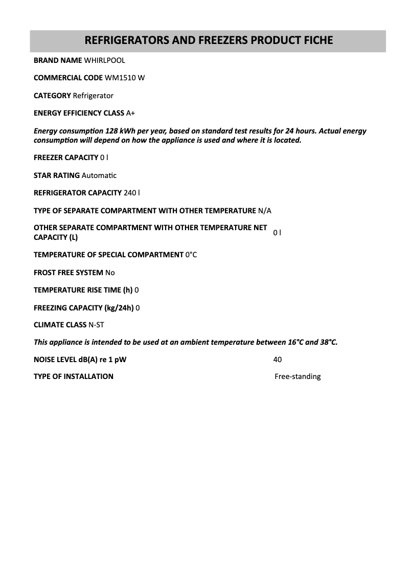 Page 1 of the manual Technical Sheet Whirlpool WM1510 W