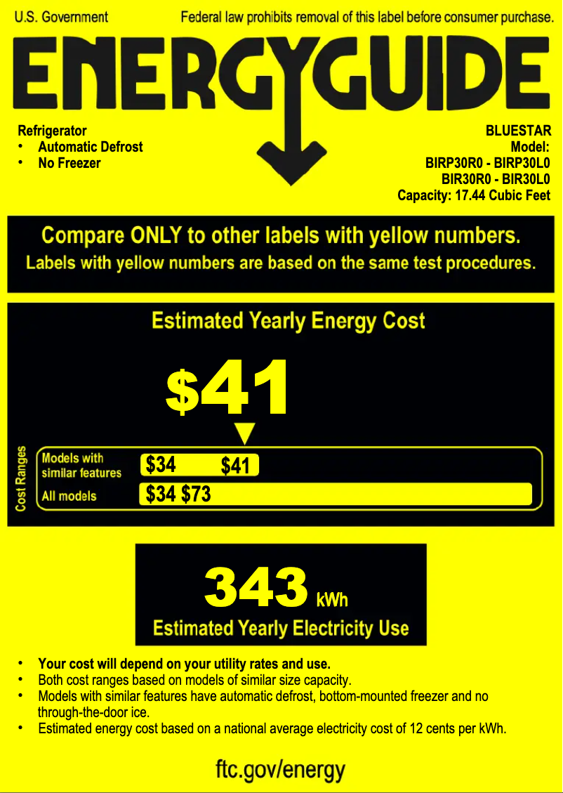 Page 1 de la notice Label énergétique BlueStar BIRP30L0