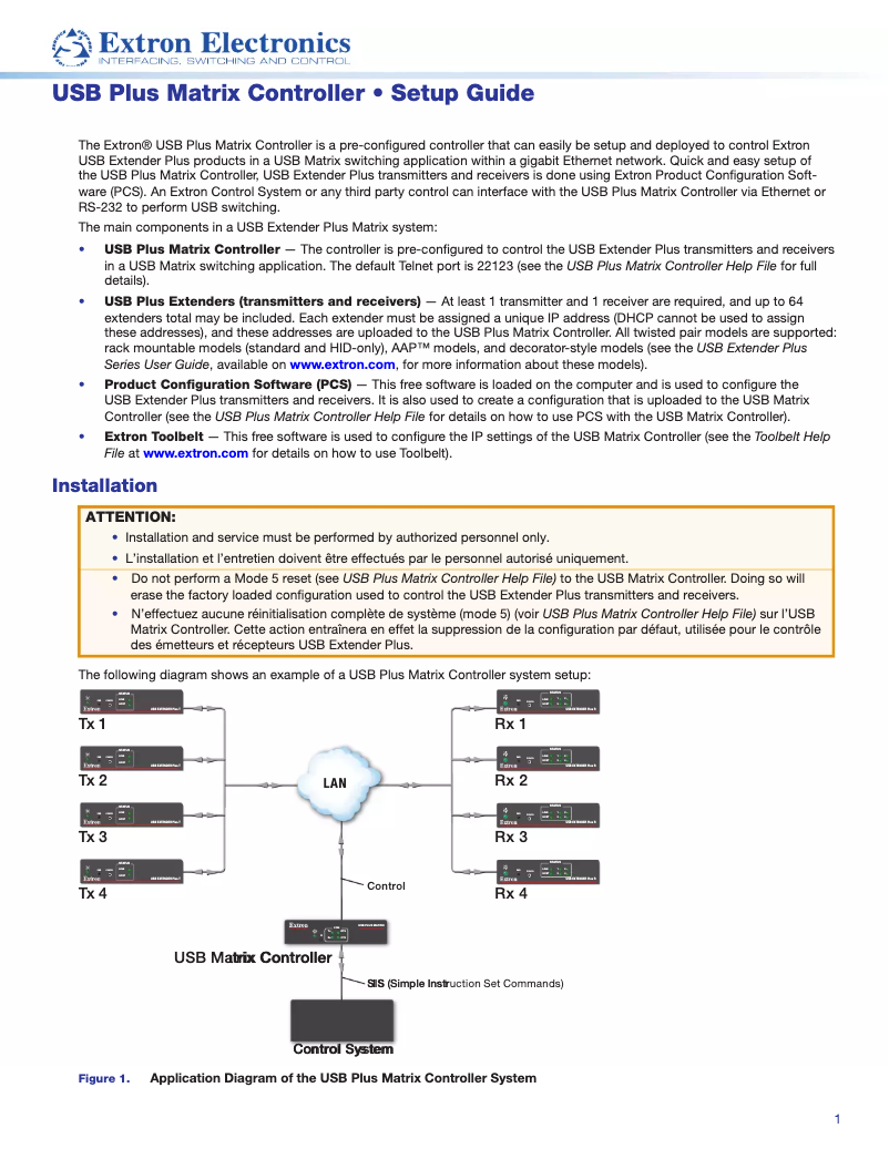 Page 1 de la notice Manuel utilisateur Extron USB Plus Matrix Controller