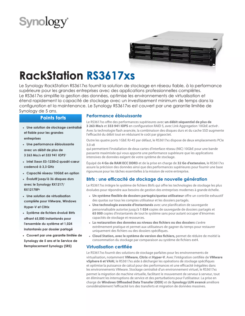 Page 1 de la notice Fiche technique Synology RackStation RS3617xs