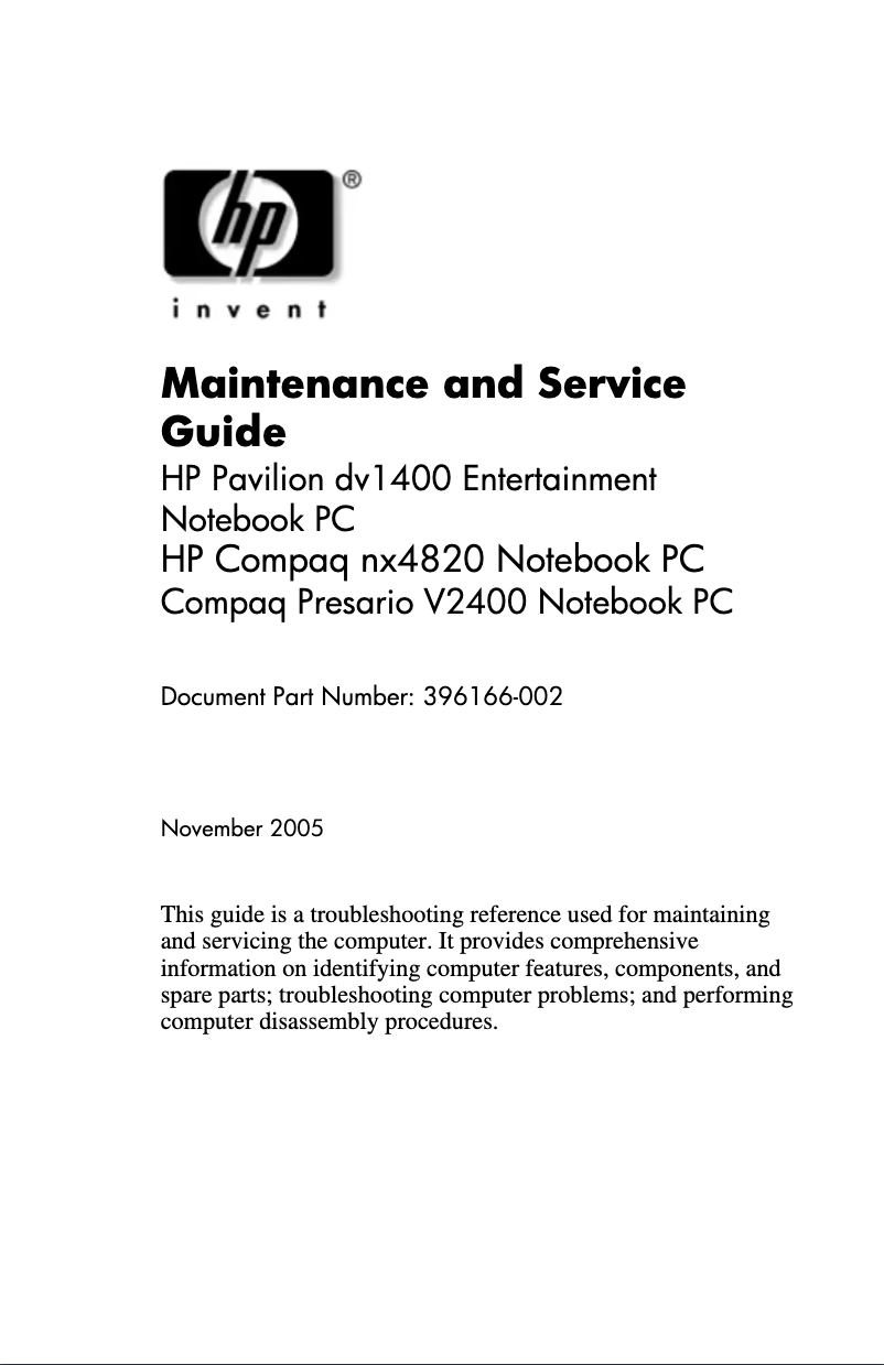 Page n°1 - Manuel utilisateur HP Pavilion dv1400