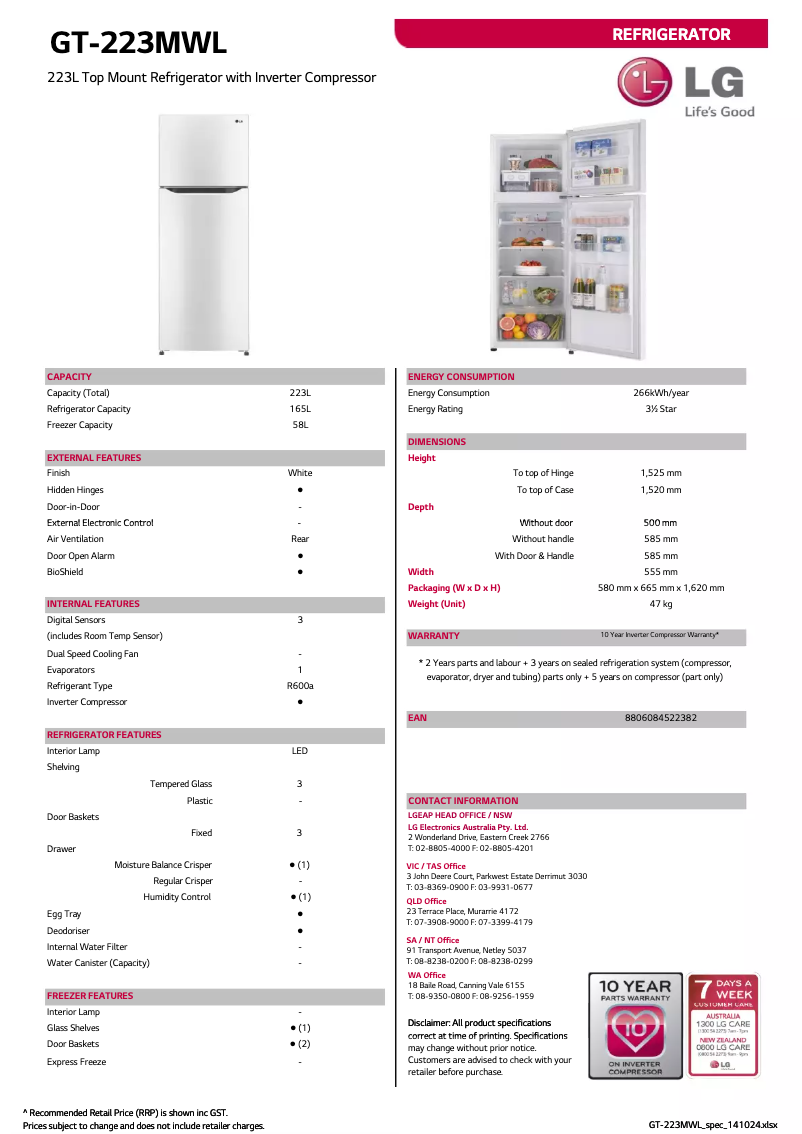 Page 1 de la notice Fiche technique LG GT-223MWL