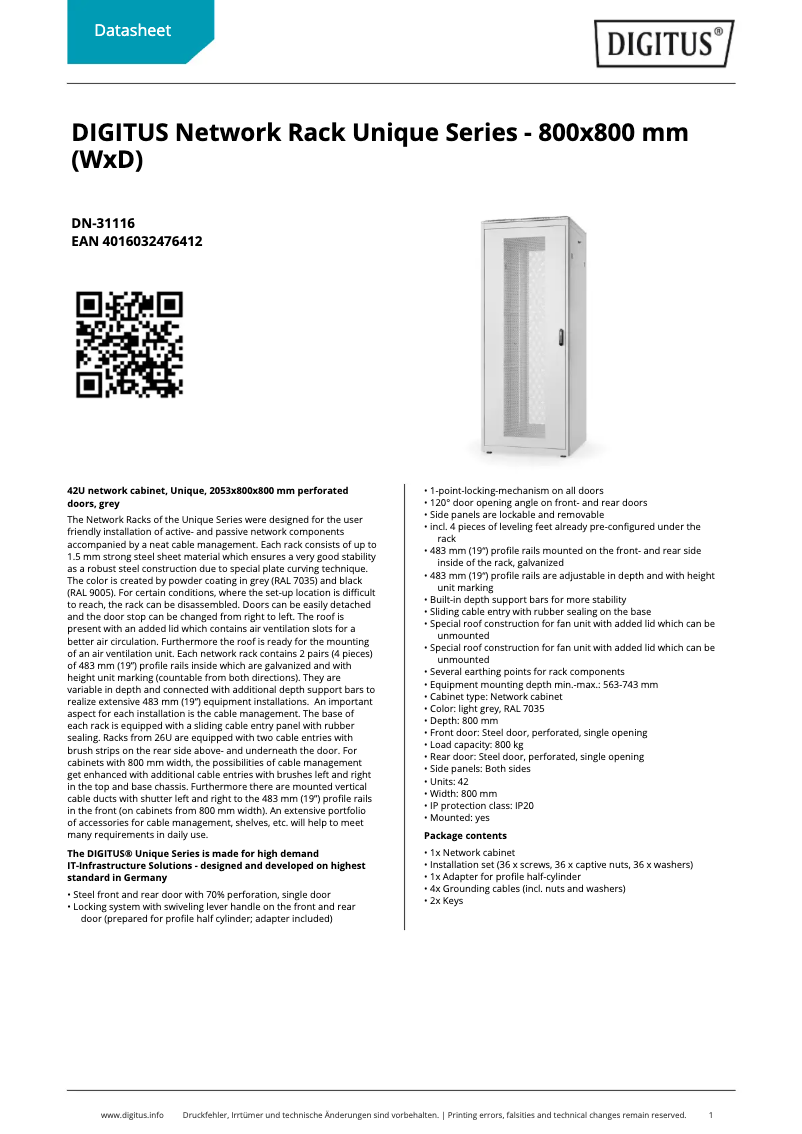 Page 1 of the manual Technical Sheet Digitus DN-31116