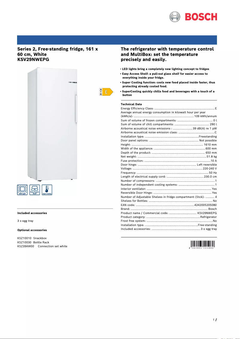 Page 1 de la notice Fiche technique Bosch KSV29NWEPG