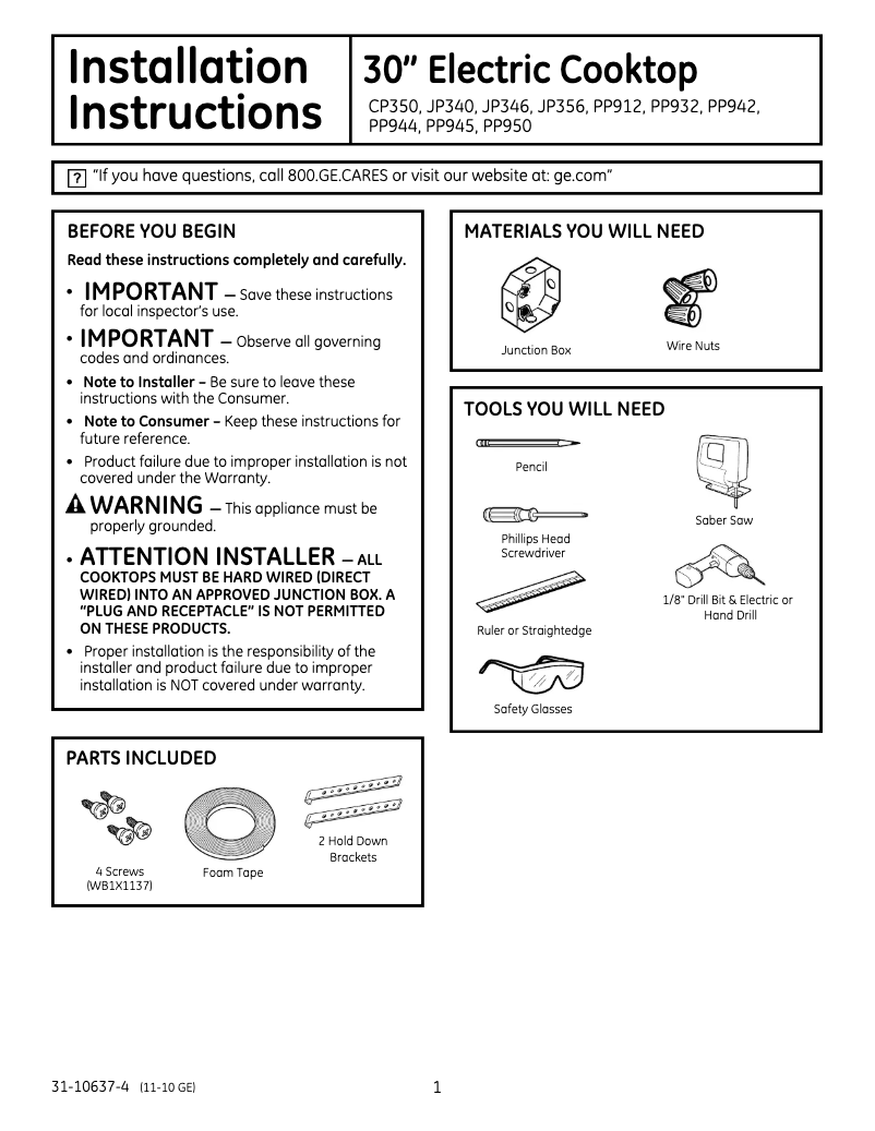 Page n°1 - Guide d'installation GE JP346CMCC