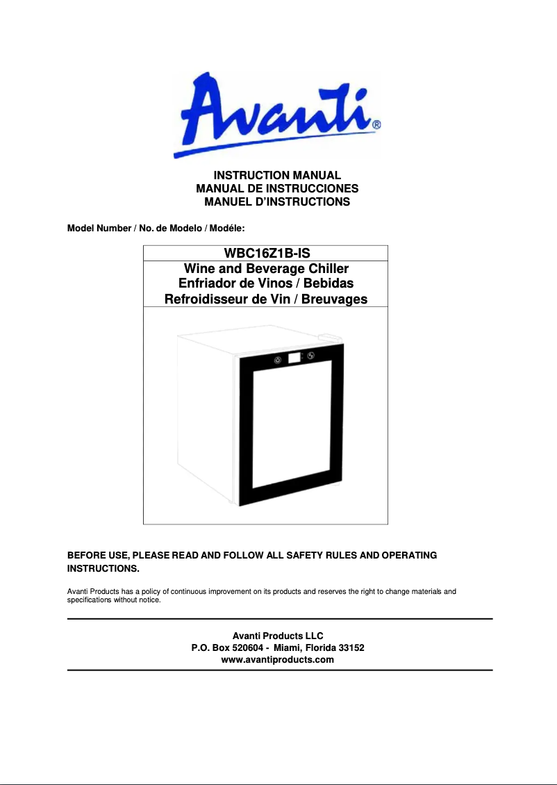 Page 1 de la notice Manuel utilisateur Avanti WBC16Z1B-IS