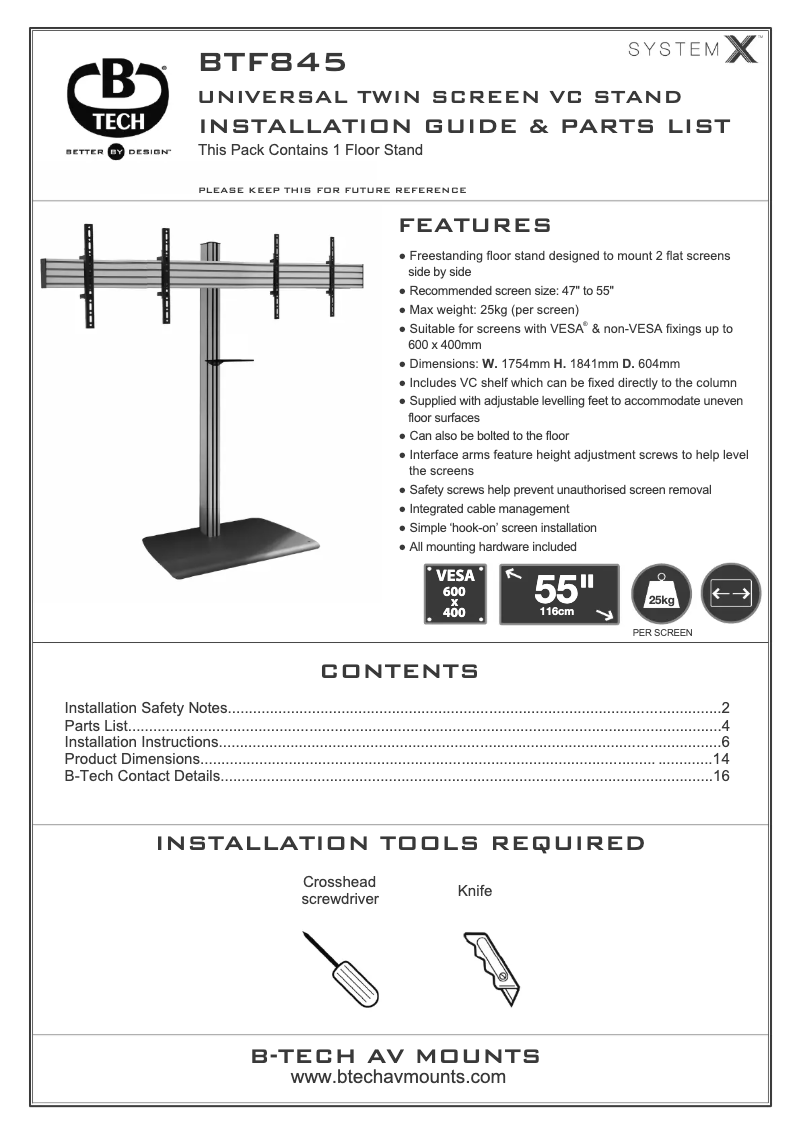 Page 1 de la notice Guide d'installation B-Tech BTF845