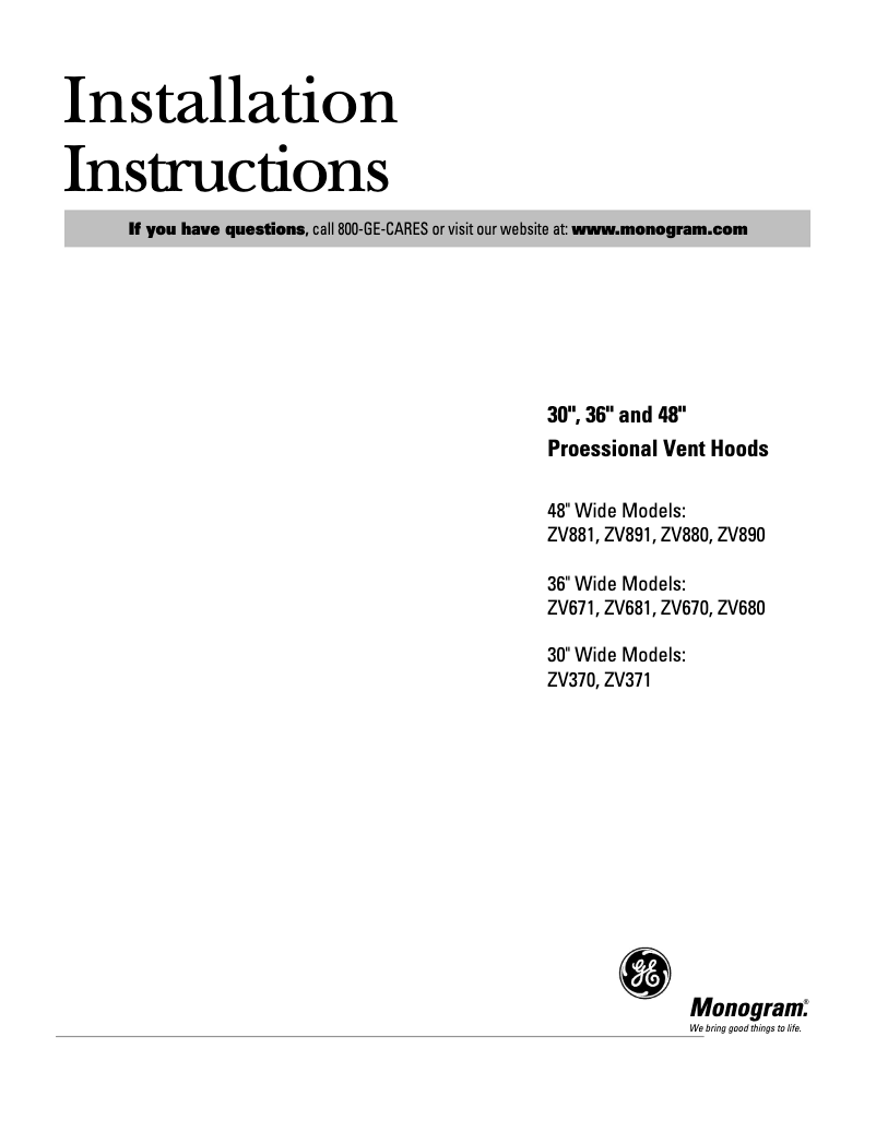 Page n°1 - Guide d'installation GE ZV681YSS