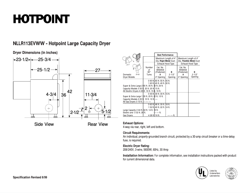 Página 1 del manual Ficha técnica Hotpoint NLLR113EVWW