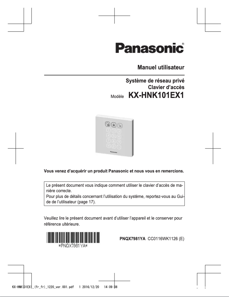 Page 1 de la notice Manuel utilisateur Panasonic KX-HNK101EX1