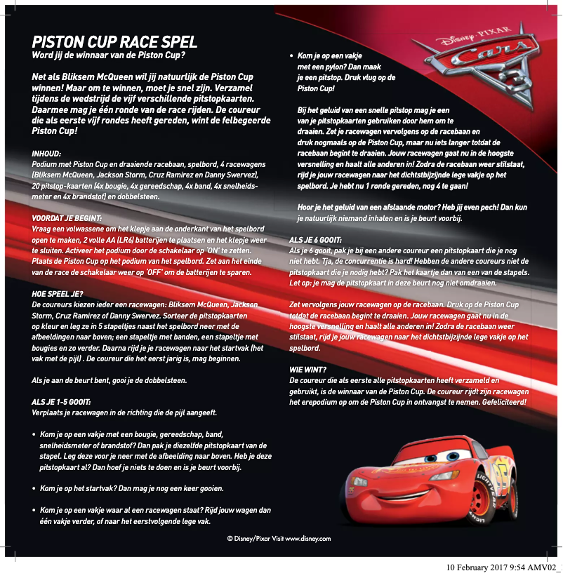 Page 1 de la notice Manuel utilisateur Jumbo Disney Cars 3: Piston cup race