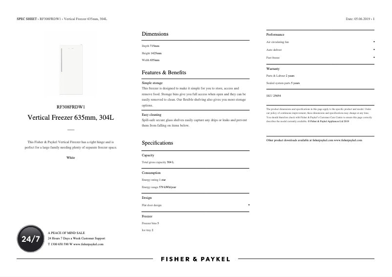 Página 1 del manual Ficha técnica Fisher & Paykel RF308FRDW1