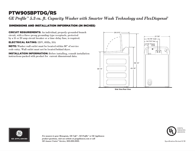 Page 1 of the manual Technical Sheet GE PTW905BPTRS